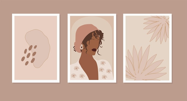 Vector silueta femenina boho abstracta e ilustración de hoja para póster impreso