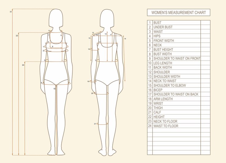 Vector silueta femenina con medidas corporales figura de mujer parte delantera y trasera tabla de tallas vector