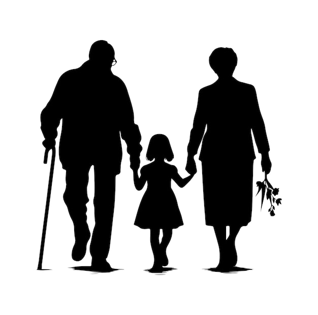 La silueta de Freevector de los abuelos caminando con el icono de la ilustración de la nieta