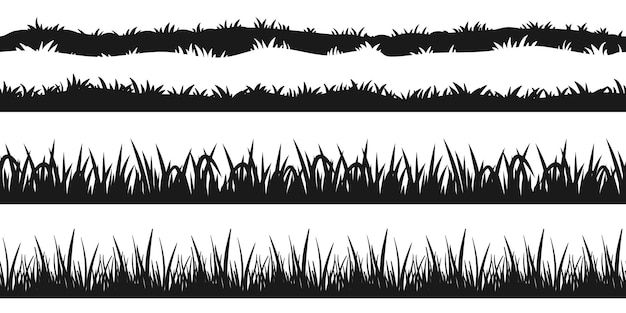 Silueta de frontera de hierba sin costuras. Conjunto de línea de penacho aislado sobre fondo blanco. Elemento de la naturaleza para el diseño de césped o prado. Colección de borde de planta negra para ilustración de vector de paisaje