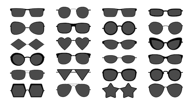 Silueta de gafas de sol negras. Gafas de sol de sombreado elegantes y modernas con diferentes formas, conjunto aislado de accesorios geniales