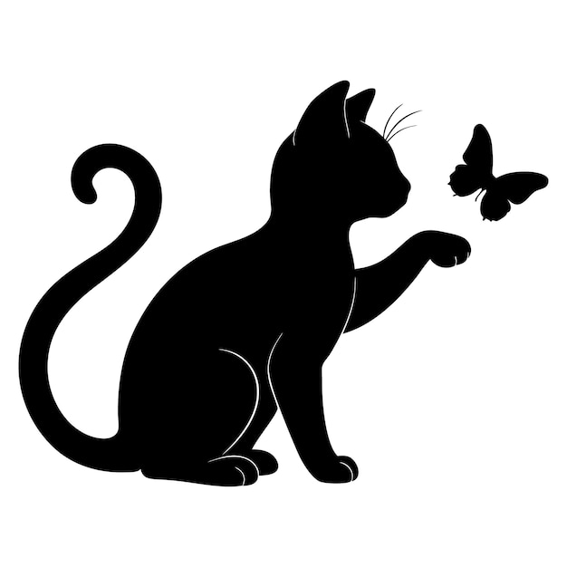 Silueta de un gato jugando con un elemento de diseño de mariposa aislado en un fondo blanco Vector