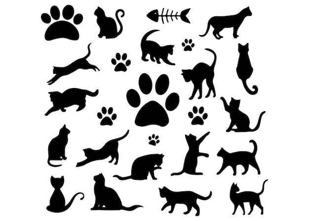 Silueta de gato negro en varias poses conjunto de ilustración de vector minimalista aislado en blanco