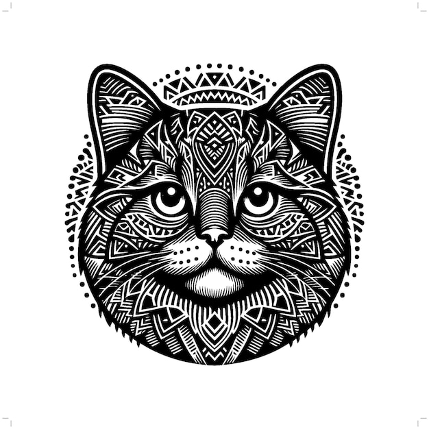 Vector silueta de gato de pelo corto británico en una ilustración tribal de la polinesia étnica animal