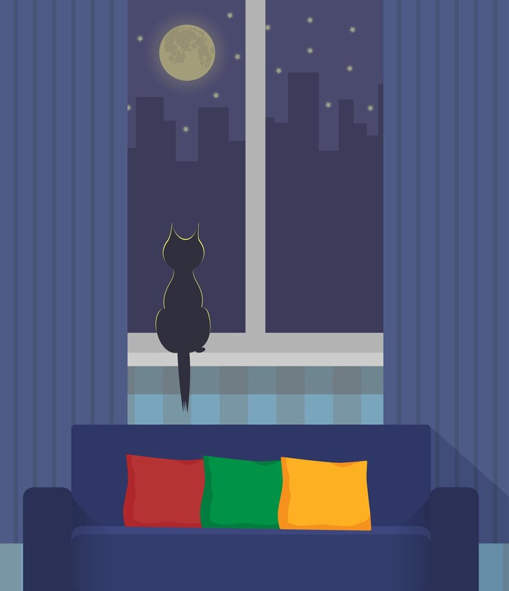 Vector silueta de un gato sentado en un alféizar bajo la luz de la luna ciudad nocturna fuera de la ventana interior acogedor con sofá y almohadas en primer plano ilustración vectorial