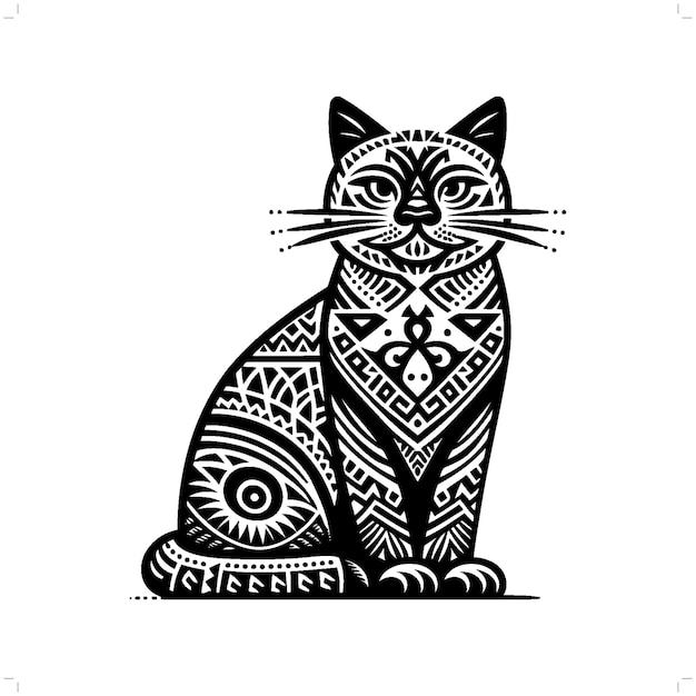 Silueta de gato siamés en una ilustración tribal de la polinesia étnica animal