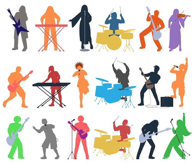 Vector silueta de gente de banda de punk o rock tocando diferentes instrumentos musicales