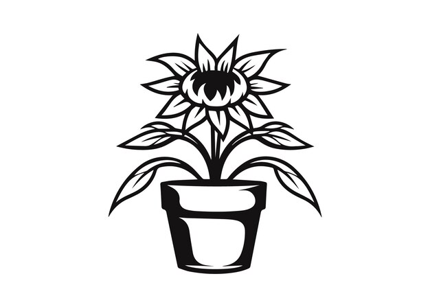 silueta de girasol en una olla vectorial