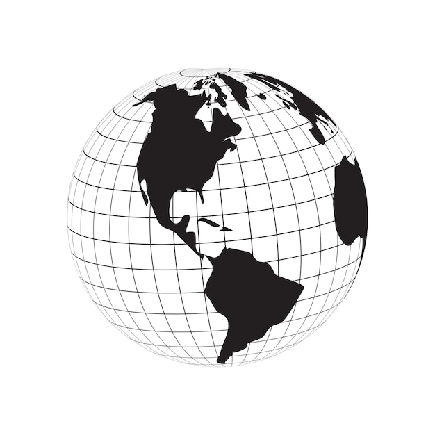 silueta de globo del mapa del continente americano, vector de cuadrícula de línea de latitud y longitud de la tierra