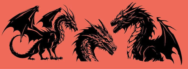 Silueta gráfica de un dragón negro aislado sobre un fondo rojo ilustración vectorial