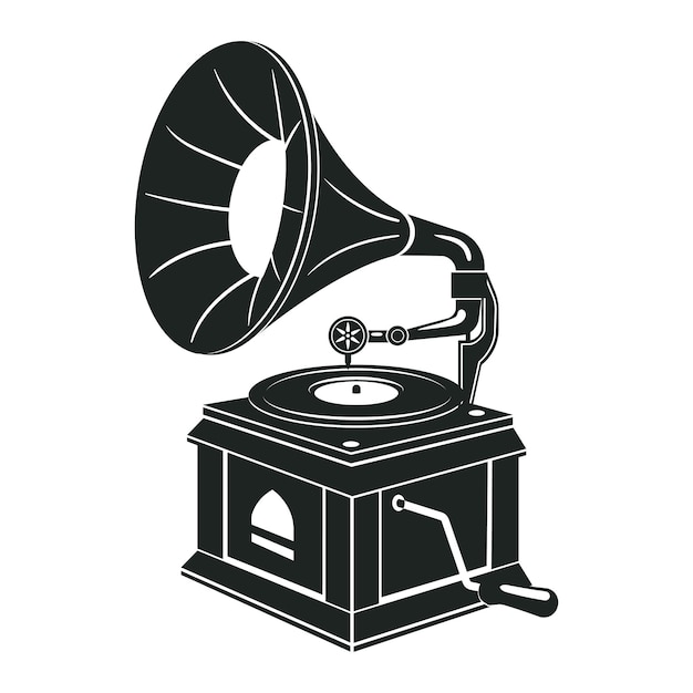 Vector silueta de gramófono jugador de audio de la vieja escuela dispositivo antiguo para escuchar música ilustración vectorial plana silueta de gramófono retro sobre fondo blanco