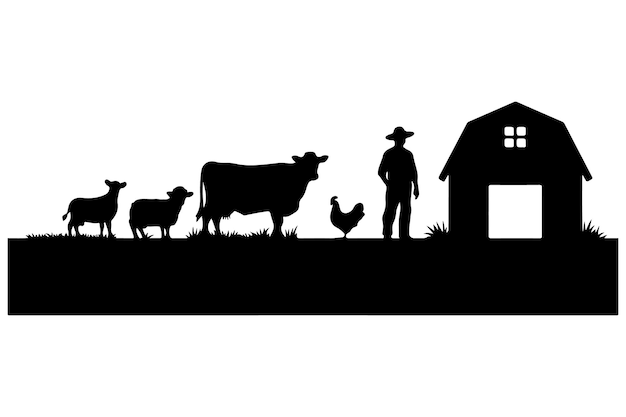 Silueta de la granja con animales y granjero