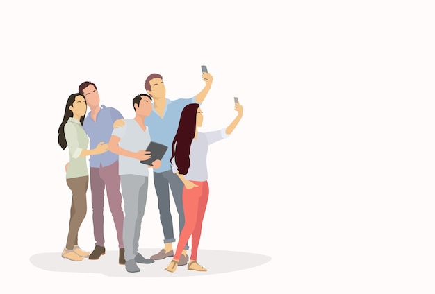Silueta de grupo de personas tomando foto Selfie en teléfonos inteligentes