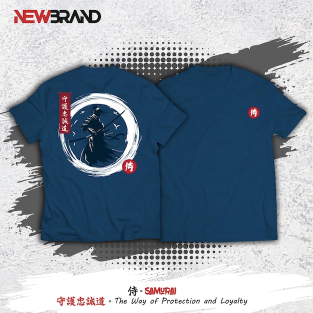 Silueta de guerrero samurai en camiseta azul diseño ilustración vectorial texto japonés que significa samurai