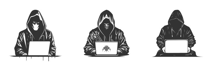 Vector silueta de hacker 'en una capucha trabajando en una computadora portátil ilustración vectorial