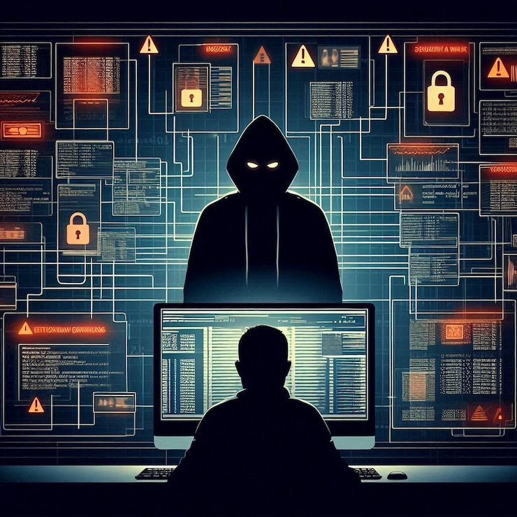 Vector silueta de un hacker frente a una pantalla de computadora