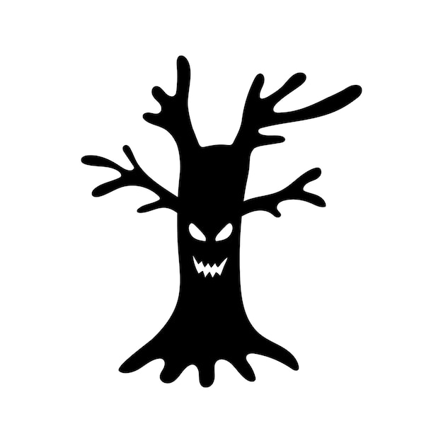 Silueta de Halloween árbol retorcido espeluznante negro para la decoración de diseño. Silueta de árbol aterrador con sonrisa.