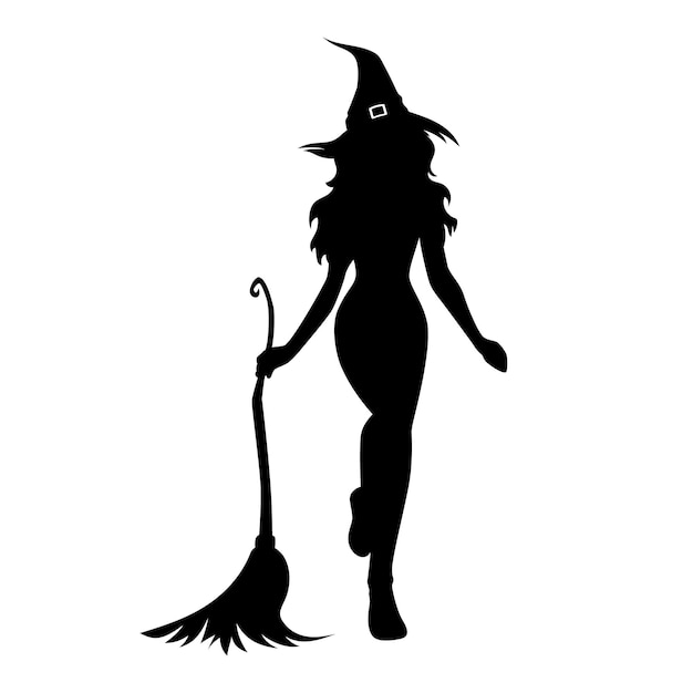 Silueta, de, halloween, hermoso, sexy, bruja, con, escoba, y, sombrero, vector, ilustración, aislado