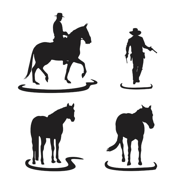 Vector silueta hecha a mano de línea de arte de vaquero y caballo