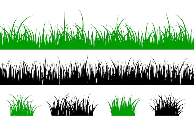 Silueta de hierba. Colección de paisaje de pradera de forma de césped. Elementos verdes y negros para el diseño. Ilustración de línea de vector aislado sobre fondo blanco