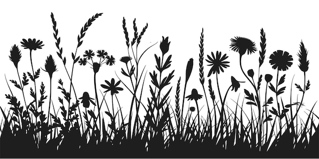 Silueta de hierba negra de primavera fondo sin costuras pincel vectorial para el diseño ecológico de la naturaleza