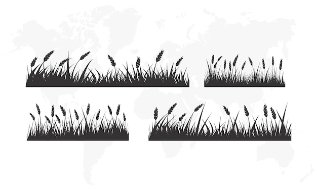 Silueta de hierba y plantas de trigo sobre un fondo blanco con un mapa del mundo