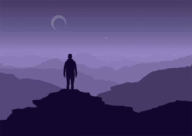 silueta de un hombre en el acantilado de la montaña por la noche, ilustración vectorial.