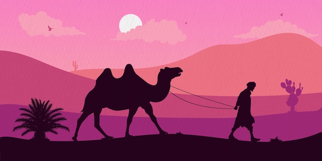 Silueta de un hombre caminando con un camello aislado en el fondo del desierto del amanecer de la noche