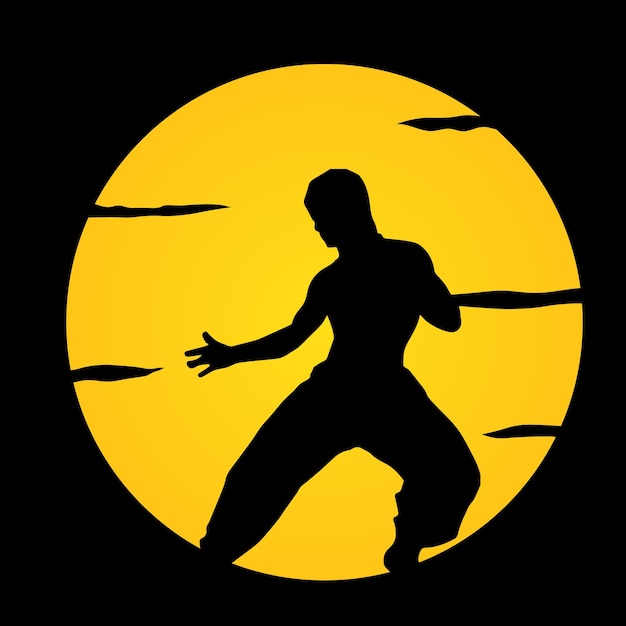 Vector una silueta de un hombre en un círculo amarillo con la palabra kung fu.