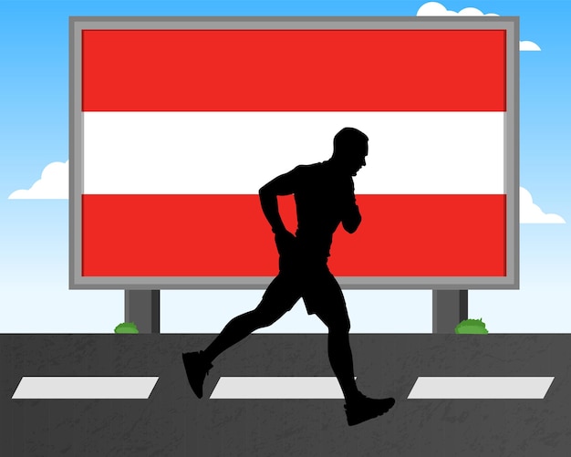 Silueta de hombre corriendo con bandera de Austria en juegos olímpicos de cartelera o competencia de maratón