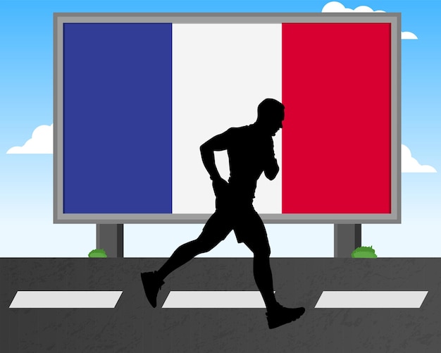 Silueta de hombre corriendo con la bandera de Francia en la cartelera de los juegos olímpicos o en la competencia de maratón