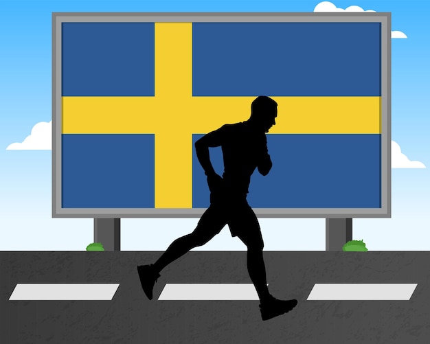 Silueta de hombre corriendo con la bandera de Suecia en la cartelera de los juegos olímpicos o en la competencia de maratón