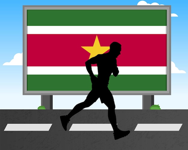 Silueta de hombre corriendo con bandera de Surinam en juegos olímpicos de cartelera o competencia de maratón