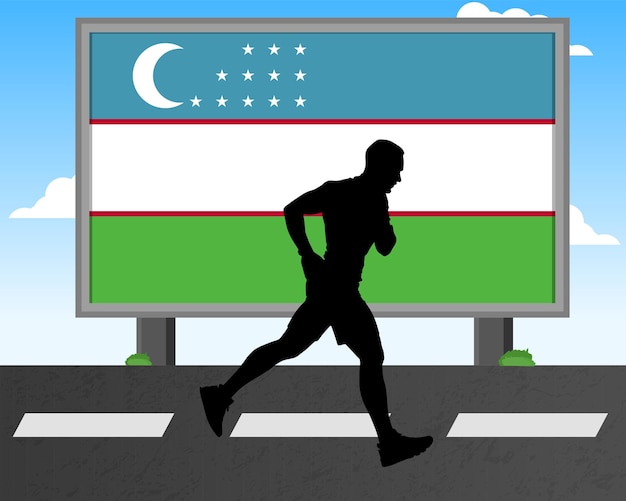 Silueta de hombre corriendo con bandera de uzbekistán en juegos olímpicos de cartelera o competencia de maratón