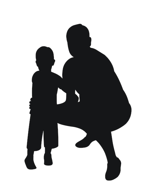 Silueta de hombre en cuclillas y niño padre e hijo tío y sobrino vector aislado
