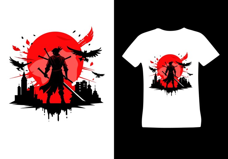 Vector silueta de un hombre con dos espadas rojo audaz sol paisaje urbano salpicaduras de tinta y un pájaro en negro agudo