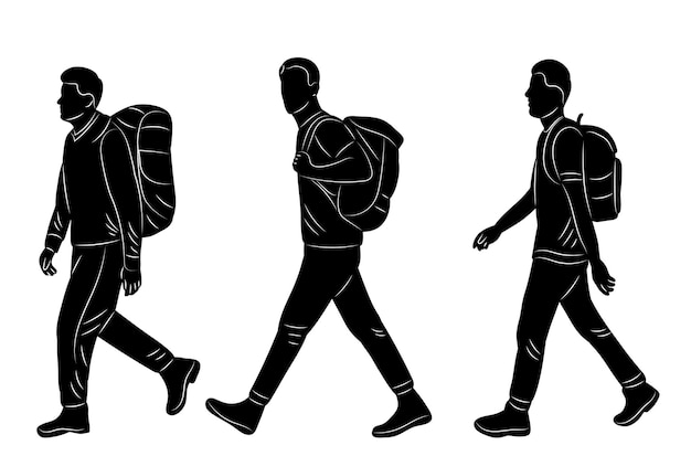 silueta de un hombre con mochilas caminando sobre un vector de fondo blanco