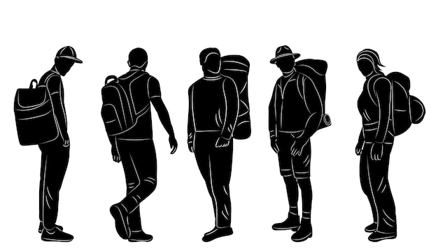 silueta de un hombre con mochilas en un vector de fondo blanco