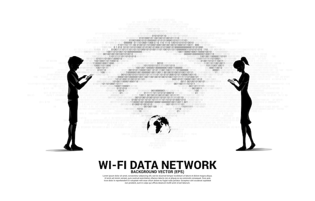 Silueta de hombre y mujer con teléfono móvil e icono de red wi-fi. concepto de red global de telecomunicaciones móviles.