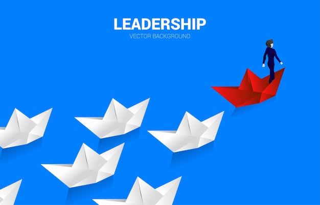 Vector silueta de hombre de negocios en barco de papel de origami rojo liderando el concepto de negocio blanco de liderazgo y misión de visión