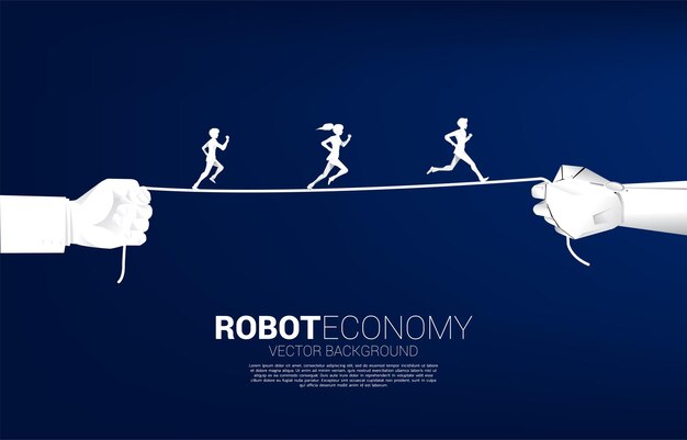 Silueta de hombre de negocios y empresaria corriendo sobre cuerda en robot y mano humana. Concepto de desafío empresarial y economía robótica.