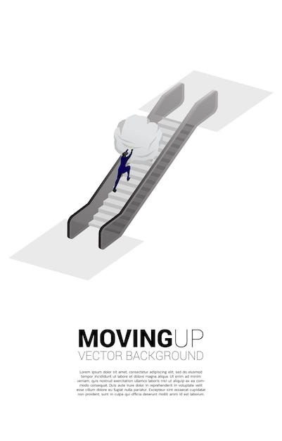 La silueta del hombre de negocios empuja la roca subiendo por la escalera mecánica Concepto de trayectoria profesional y crecimiento empresarial