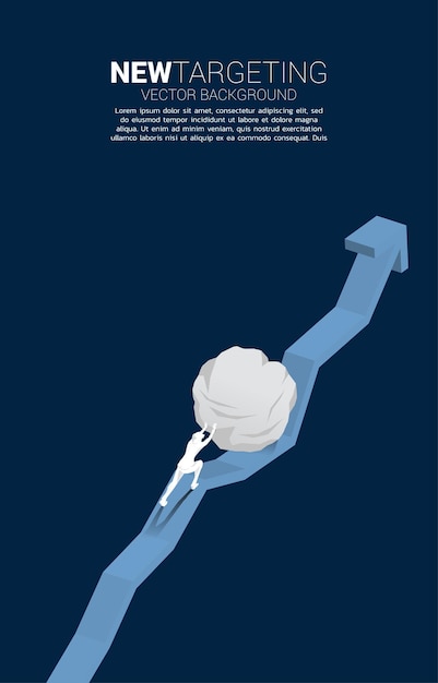 Silueta de hombre de negocios empujando la gran roca en el concepto de gráfico de crecimiento de desafío empresarial y trabajo duro