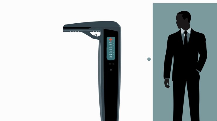 Vector una silueta de un hombre de negocios moderno que usa un escáner de temperatura corporal sin contacto