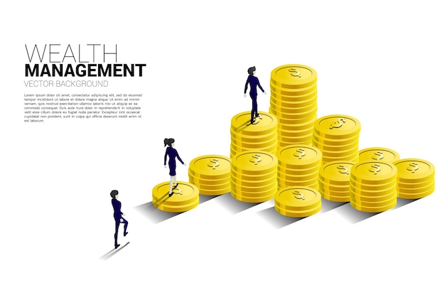 Silueta de hombre de negocios y mujer de negocios caminando hacia la parte superior de la pila de monedas Concepto de inversión exitosa y crecimiento en los negocios