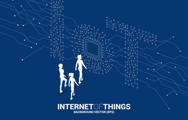 Silueta de hombre de negocios y mujer de negocios caminando con procesador de CPU en el centro de la redacción de IoT del concepto de estilo gráfico de punto y línea de circuito para Internet de la tecnología de las cosas