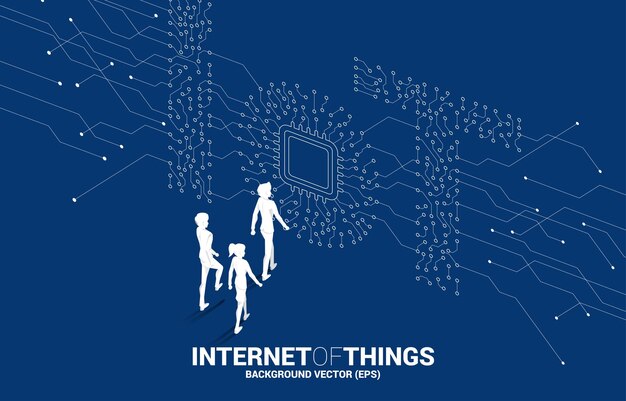 Vector silueta de hombre de negocios y mujer de negocios caminando con procesador de cpu en el centro de la redacción de iot del concepto de estilo gráfico de punto y línea de circuito para internet de la tecnología de las cosas