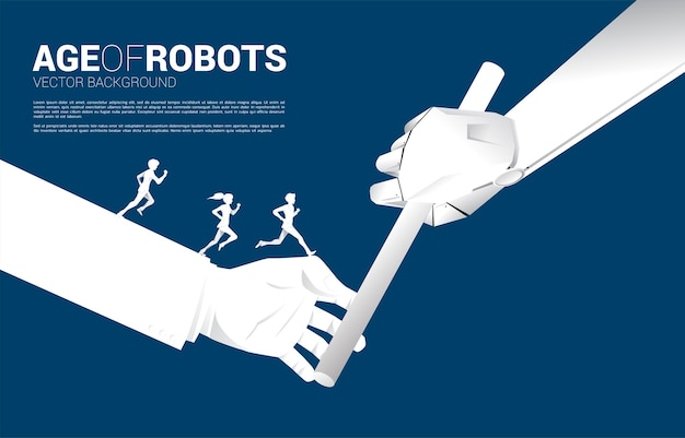 Silueta de hombre de negocios y mujer de negocios corriendo a mano pasando el bastón en la carrera de relevos de humano a robot Concepto de negocio para la era del robot y la inteligencia artificial AI