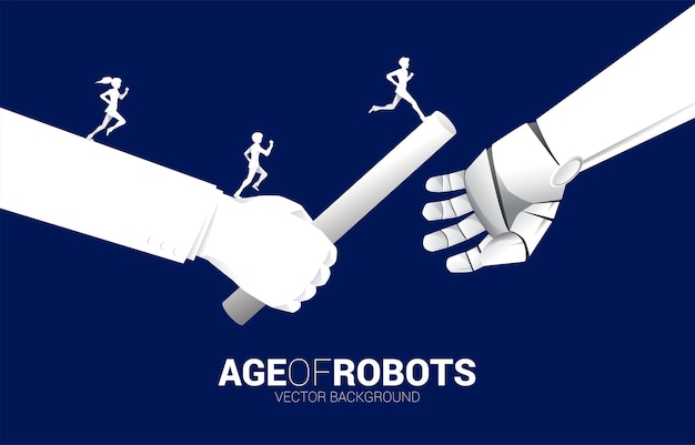 Silueta de hombre de negocios y mujer de negocios corriendo a mano pasando el bastón en la carrera de relevos de humano a robot Concepto de negocio para la era del robot y la inteligencia artificial AI