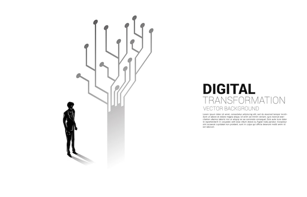 Silueta de hombre de negocios de pie con el árbol del circuito de línea de conexión de puntos. banner de transformación digital de empresas.